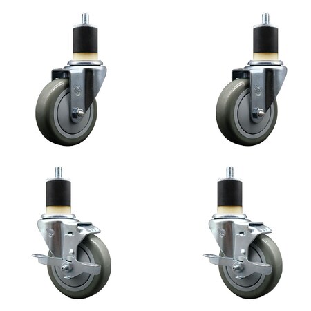 Service Caster 4'' SS Gray Poly Wheel Swivel 1-7/8'' Expanding Stem Caster Set 2 Brakes, 4PK SCC-SSEX20S414-PPUB-2-TLB-2-178